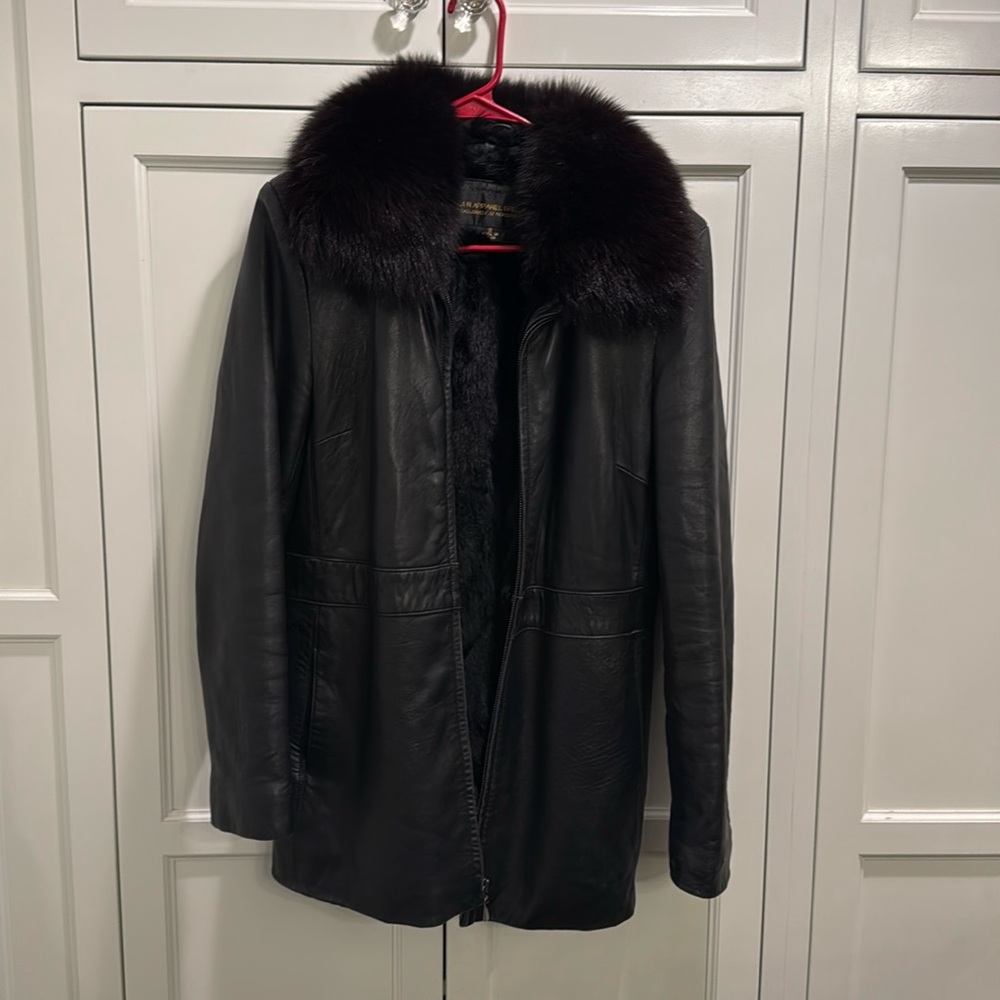 100% leather real rabbit lining fox collar fur jacket